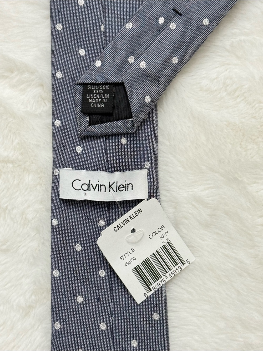 NWT Calvin Klein Blue & White Polka Dot Silk Linen Tie